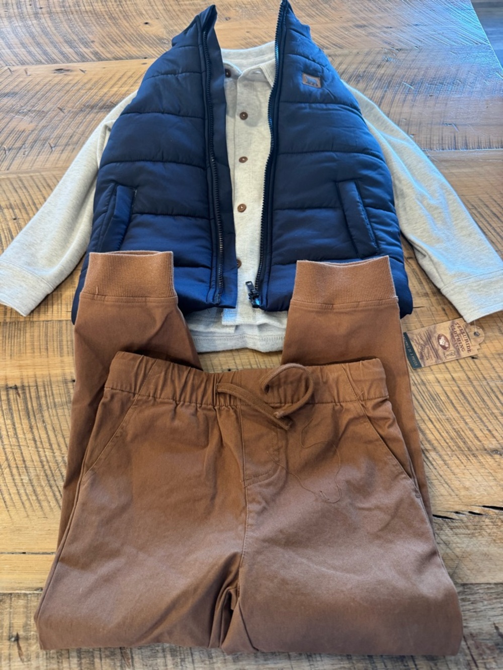 Kids Brown Pull-On Khaki Jogger Set with Navy Vest - Cozy Matching Outfit